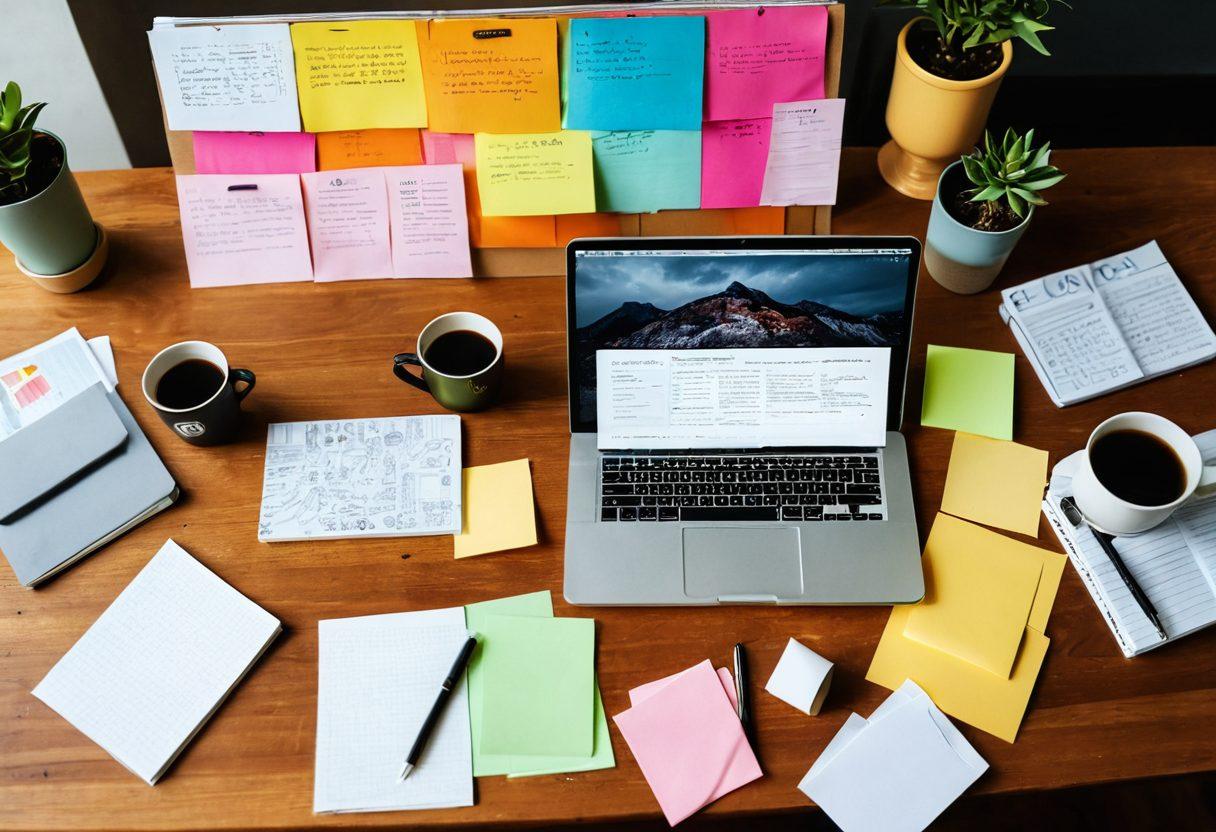 A cozy workspace filled with a laptop, notebooks, and colorful post-it notes, depicting a brainstorming session for a digital publication. Surrounding the workspace are images of various community organizations and a digital platform interface showcasing engaging blog posts. A warm cup of coffee sits beside the laptop, symbolizing creativity and collaboration. The scene is bright and inviting, inviting readers to dive into effective blogging strategies. vibrant colors. super-realistic.