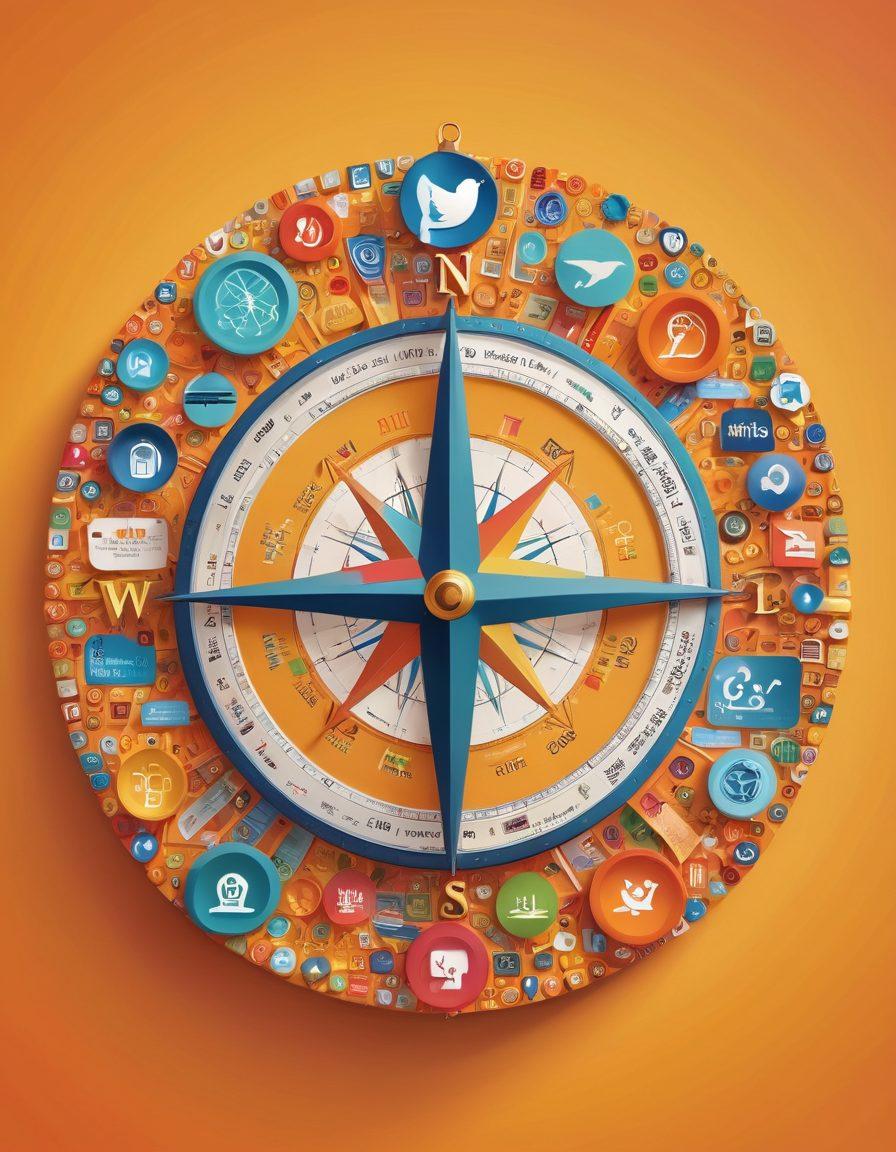 A compass navigating through a vibrant digital landscape filled with diverse nonprofit journal icons, each representing various causes. The background features a mix of social media elements and community engagement symbols, illustrating the interconnectedness of the online world. Include a warm, inviting color palette to promote inclusivity and optimism. super-realistic. vibrant colors. 3D.